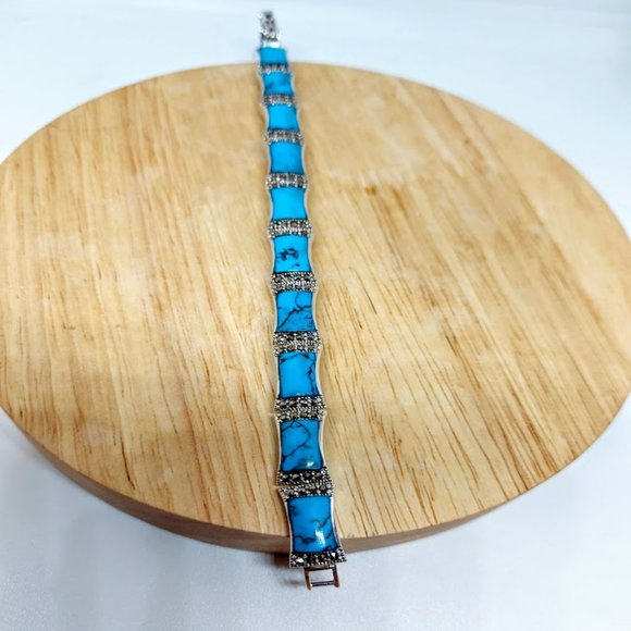 Stabilized Turquoise 11x7mm & Marcasite 925 Sterling Silver Bracelet 7" - Picture 9 of 11